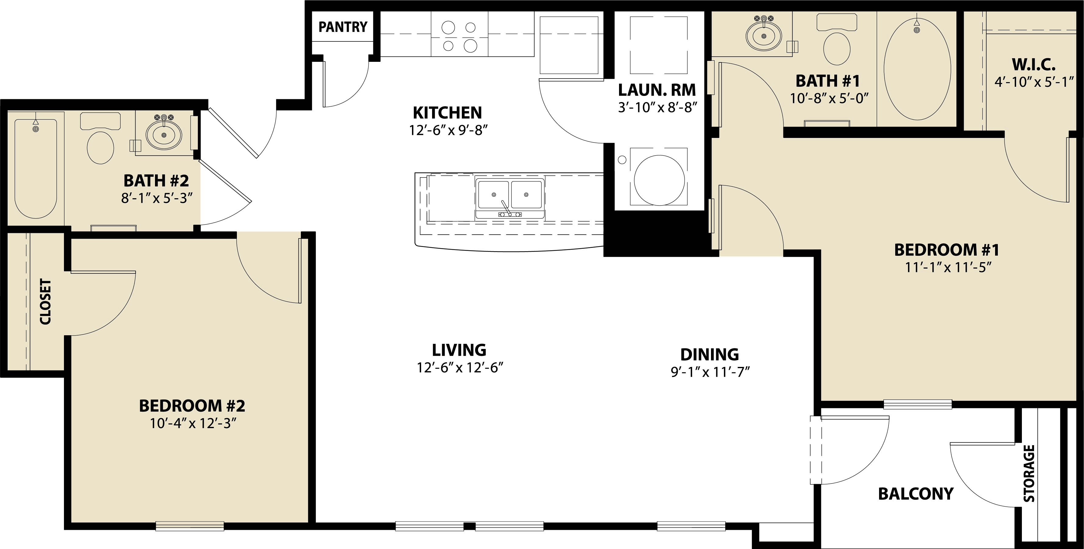 Floor plan for 2 beds, 2 baths, 908 sqft